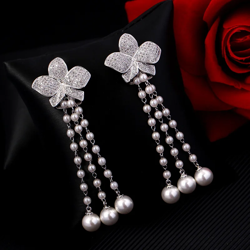 

Zircon Flower Earrings Brand Women Fashion Long Pearls Tassel Dangler West Earrings 2022 New Luxury Wedding Bridal Jewelry