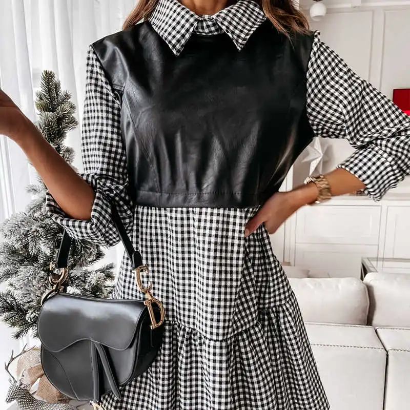 

Women Faux Leather Patchwork White Shirt Dress 2021 Spring Casual Long Sleeve Plaid Chic Dress Lady Mini A Line Office Vestidos