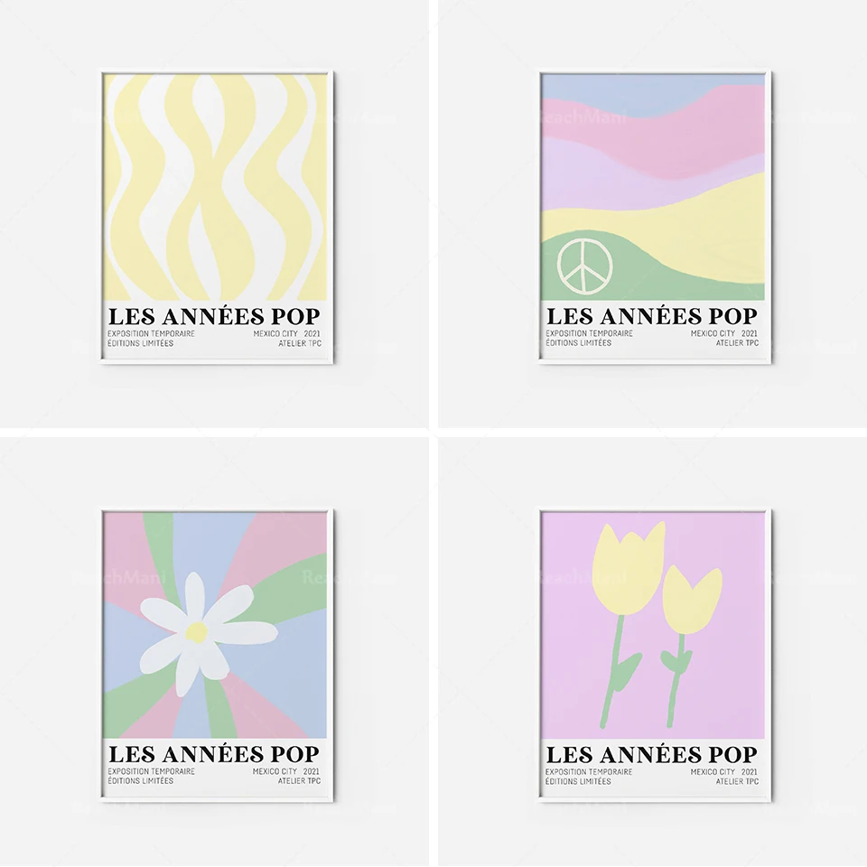

Canvas nordic floral groovy pastel waves psychedelic hippie 70s poster abstract illustration pastel years pop art print retro po