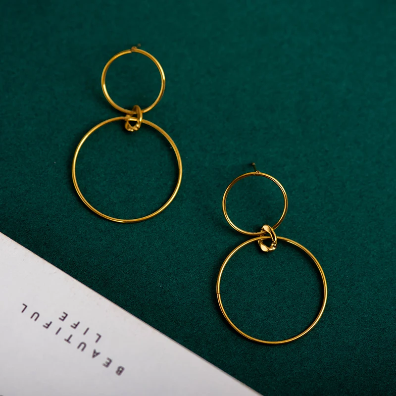 Позолоченные двойные круглые Висячие серьги для женщин в стиле панк европейские