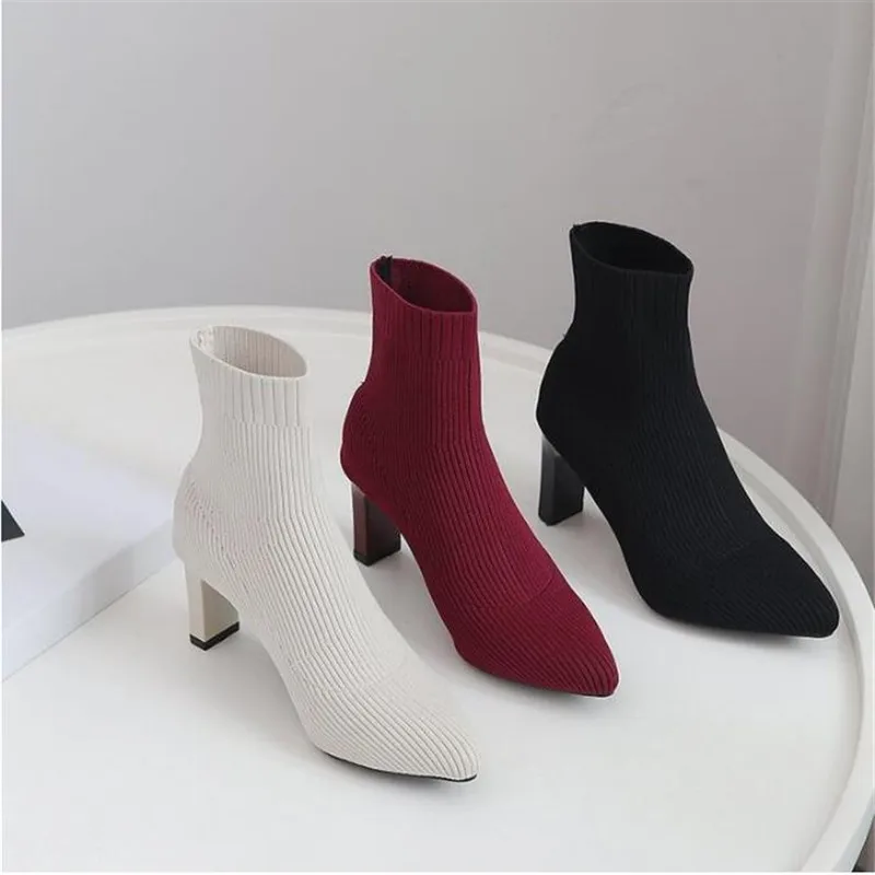 

2021 Women Sock Boots Fetish Stripper Stretch Short Ankle Boots Lady Knitting Winter Low 7cm High Heels Sexy Burgundy Red Shoes