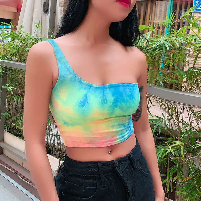 

Womens Ladies Single One Shoulder Cropped Tops Bra Slim Cami Strappy Vest Top One shoulder Cami Top Streetwear Tie Dye Print