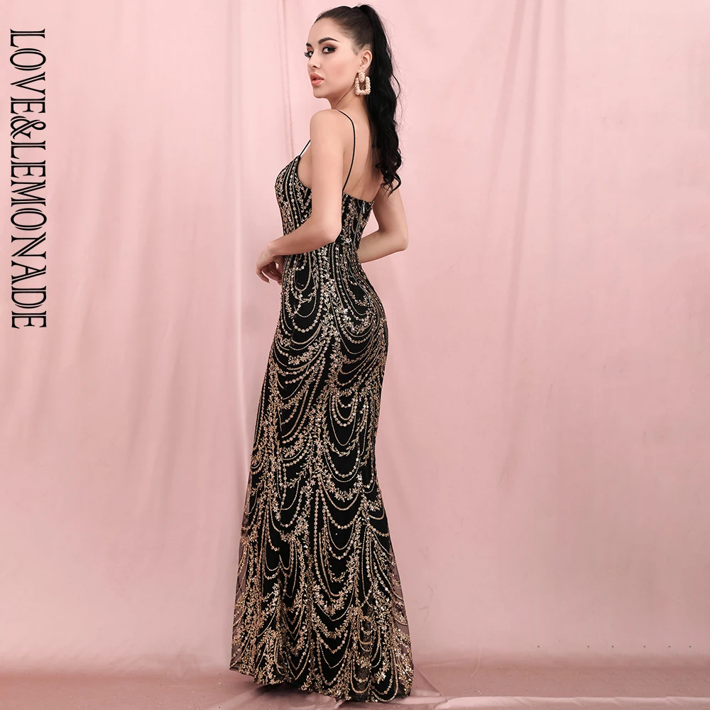 

LOVE&LEMONADE Sexy Black Tube Top Sling Geometric Glitter Glued Material Bodycon Maxi Dress LM82523