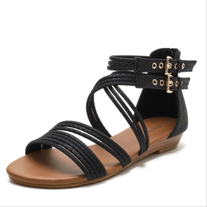 

Wedge Heel Sandals Women 2021 Summer New European and American Open-toed Shoes Thick-soled Soft-soled Cross Roman Sandals XM041