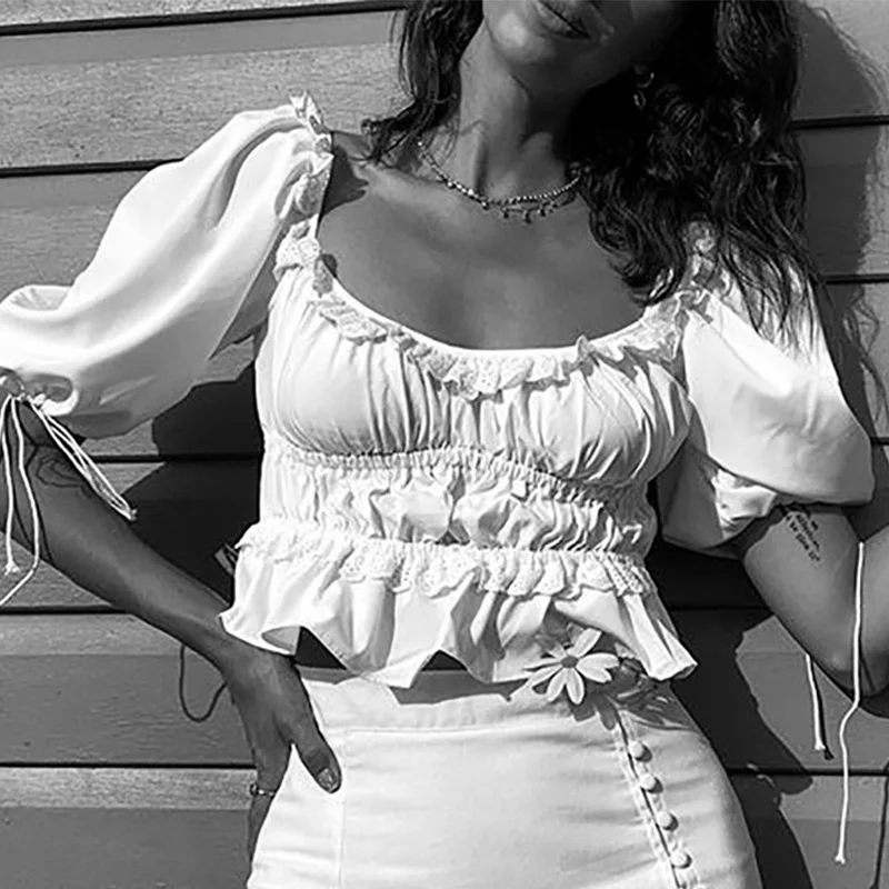 

Casual Prairie Chic Women's Blouse Short Puff Sleeve Folds Square Collar Girls Pullover White Shirt Slim Thin Summer Tops 2021