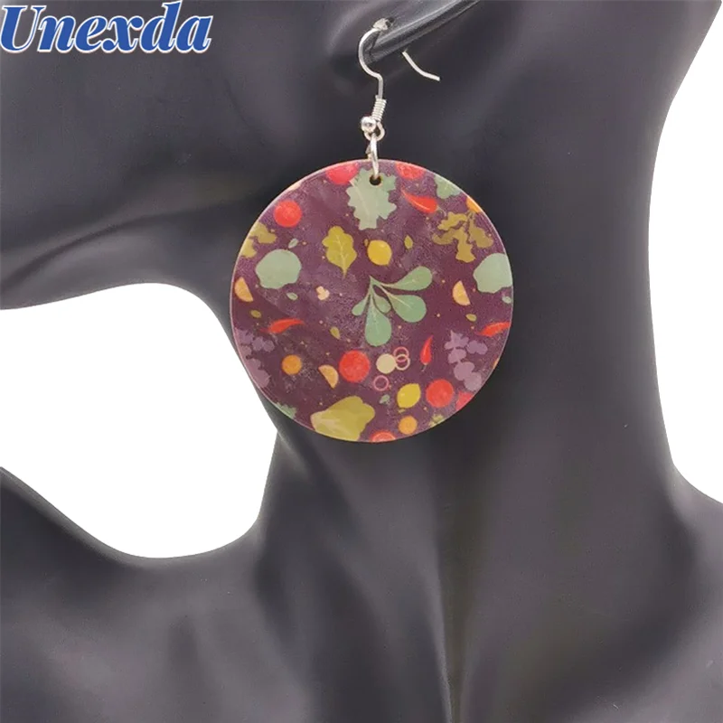 

Unexda Bohemian Statement Earring Wooden Painted Vegetable Fruit Drop Earrings For Women Double Sides Printing Round Jewelry