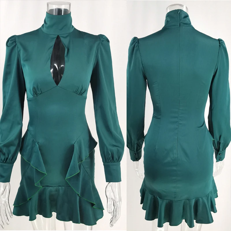 

Fashion Solid Satin Halter Women A-Line Dress Sexy Slim Hollow Out V Neck Mini Dress Retro Puff Shoulder Long Sleeve Party Dress