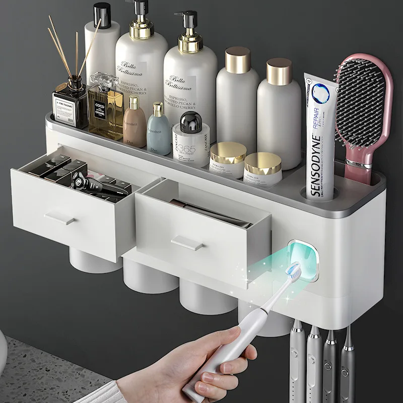 

Toothbrush Holder Toothpaste Squeezer Magnetic Adsorptiion Cup Bathroom Storage Shelf Organizer Bathroom Accessories