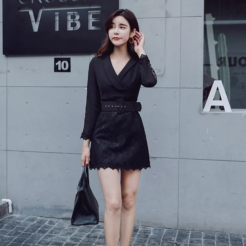 2019 осенне зимнее черное платье блейзер женское кружевное футляр в стиле пэчворк