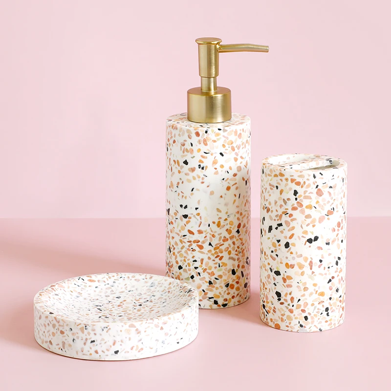 

Resin Bathroom Accessories Set Terrazzo Soap Dispenser Soap Dish Toothbrush Holder Cup Washing Tools Household Toilet Fittings