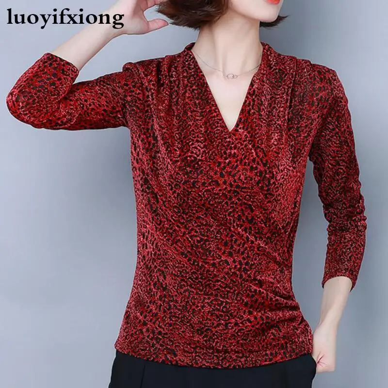 

Long Sleeve Fashion Leopard Print Lace Blouse Women Shirts V-neck Korean Kimono Plus Size Womens Tops and Blouses Blusas Mujer