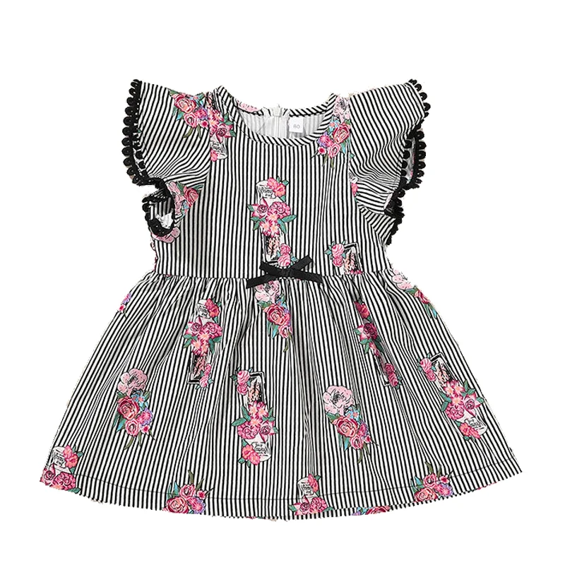 

2021 Kid Summer Clothes Baby Girl Dress Vintage Elegant Prom Cute Short Sleeve Stripe Floral Casual Cotton Free Shipping Costume