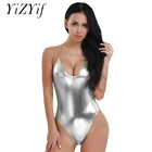 Женские слитные стринги, монокини, облегающие, из лакированной кожи, на бретельках, с глубоким V-образным вырезом, Купальник для танцев, балета