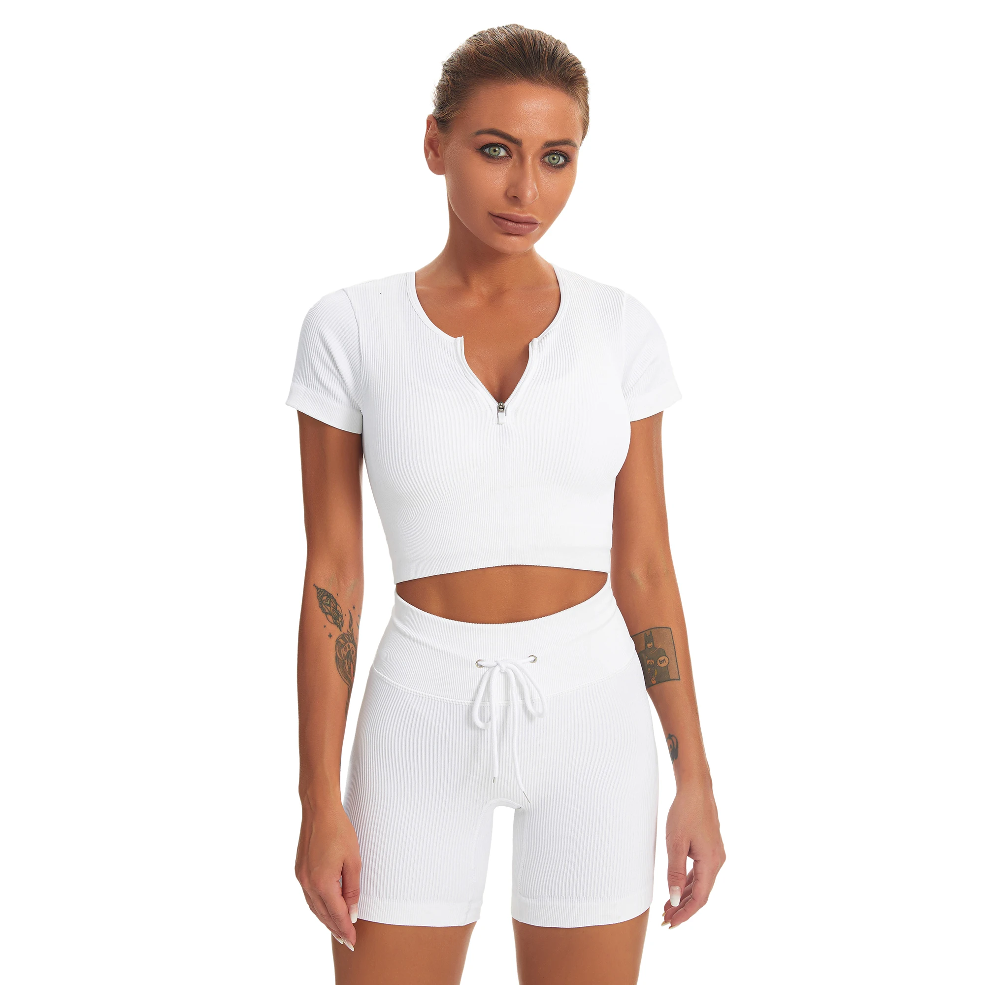 

LASUDRAA женский бесшовный тренировочный комплект из 2 предметов укороченные топы без рукавов с глубоким V-образным вырезом спортивный бюстгал...