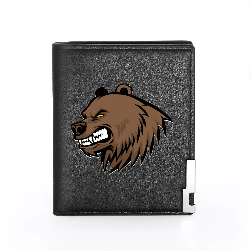 

Hot Cool Ferocious Bear Design Printing Leather Black Short Wallet
