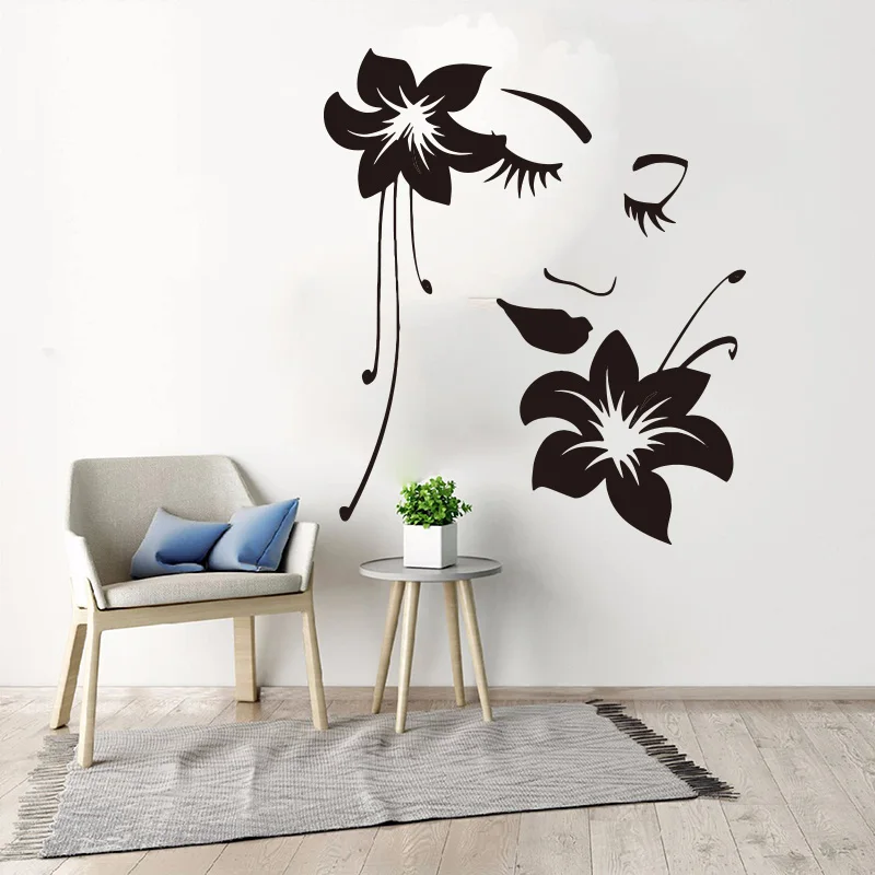 

Beauty Flower Girl Woman Face Wall Sticker Makeup Nail Manicure Hair Salon Wall Decal Girl Room Vinyl Decor