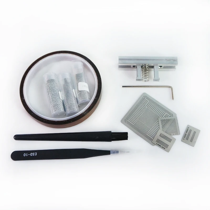 

Heated BGA reball fixture reballing kit 4pcs BGA stencils for PS4 with solder balls ESD tweezer brush BGA rework tools