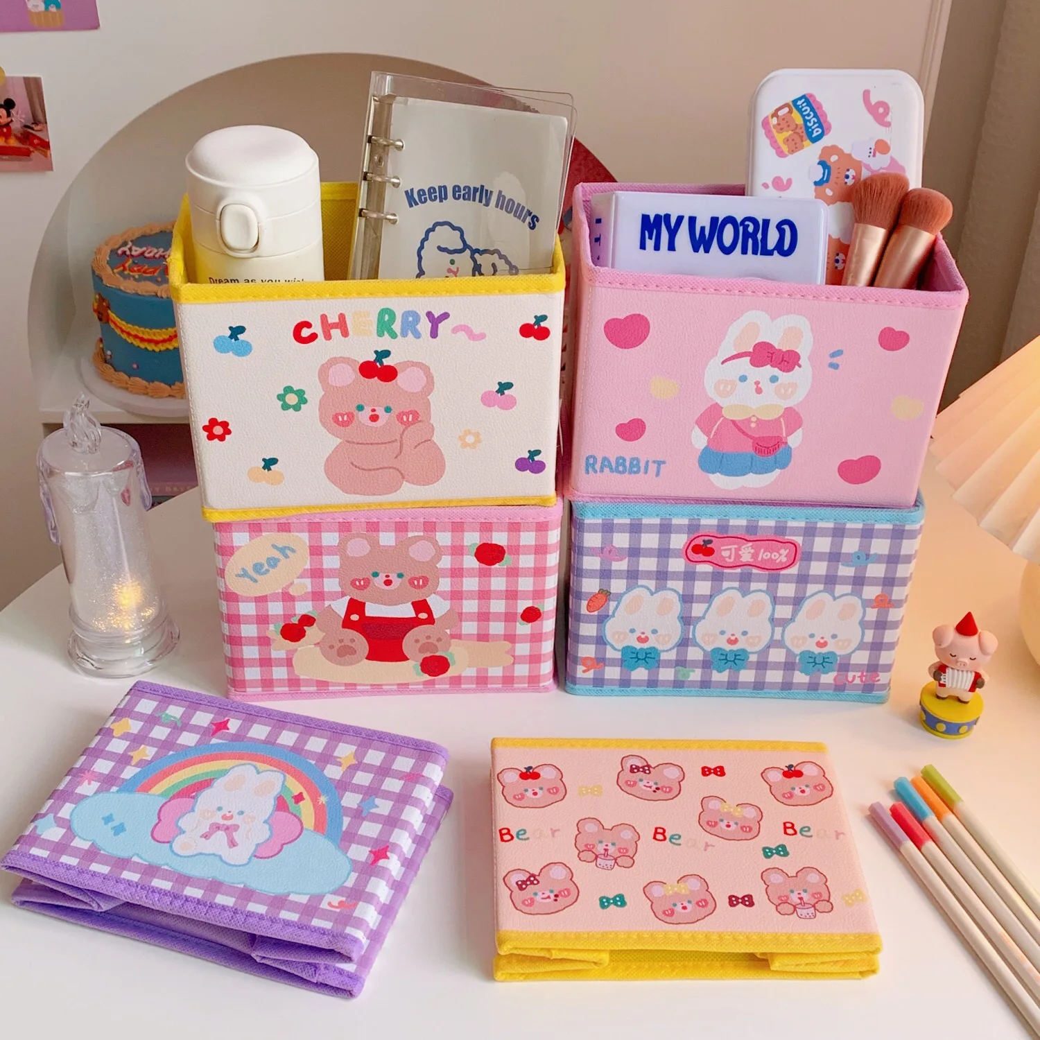 

Kawaii Bear Makup Desktop Storage Box INS Cartoon Girl Cosmetic Case Dormitory Home Decoration Table Organier Pouch