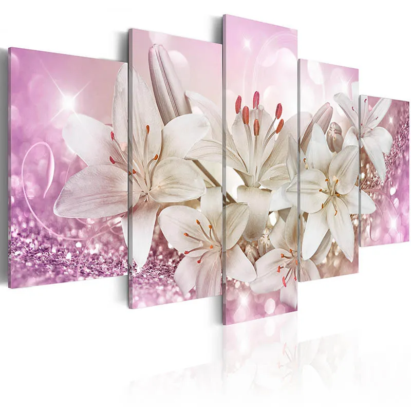 

5 Pieces Bright Floral Canvas Painting Abstract Golden Pink Lily Posters and Print Modern Wall Art Picture Living Room Bedroom