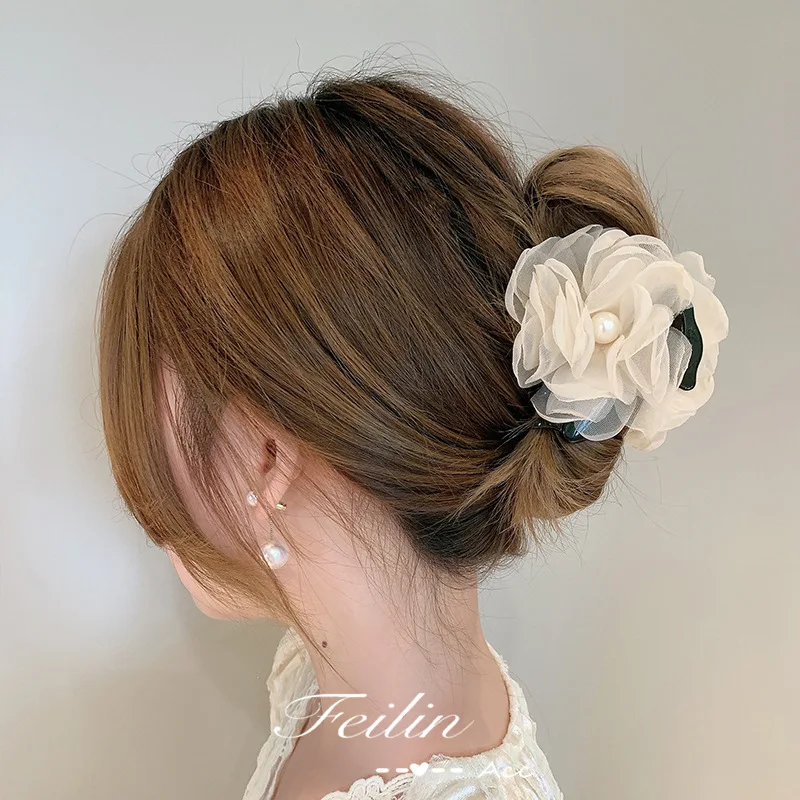 

Flower pearl clip headdress hair clip back head catch clip female large net red summer shark clip hairpin