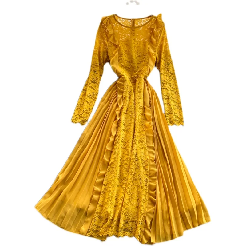 

French Vintage Court Style High Grade Sense Dress round Neck Long Sleeve Mesh Crochet Frilled Pleated Patchwork Skirt