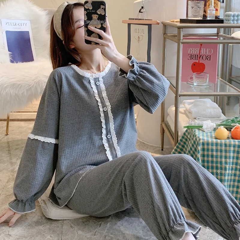 

JRMISSLI Lace Pajamas Sets for Women 100% Cotton PJS Home Sleepwear Autumn Pyjama Soft Pure Nightwear