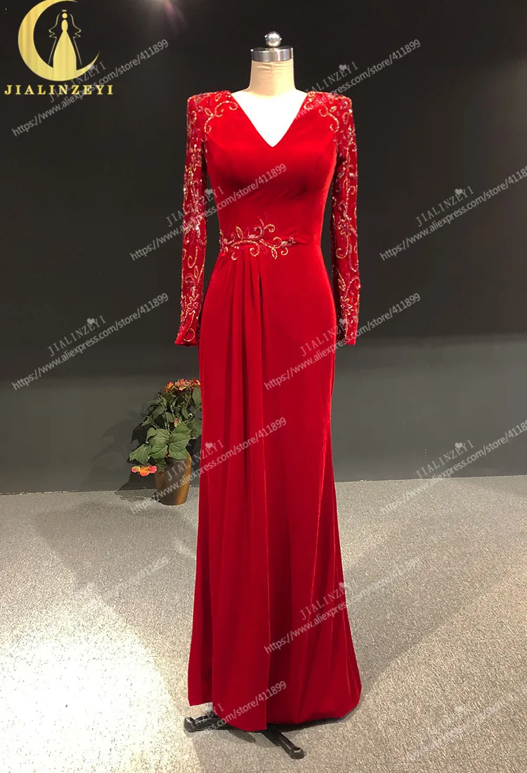 Rhine real Pictures Red Velevt Long Sleeves V Neck Floor Length Arabic платье 2021 Evening Dresses Long