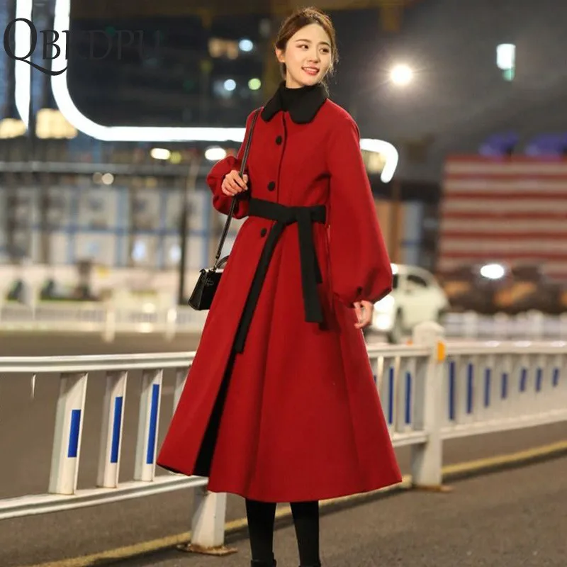 Autumn Winter Red Black Woolen coats Women Lantern Sleeve Wool&ampblends Long Coat Casual Loose Wool Jacket Female Outwear |