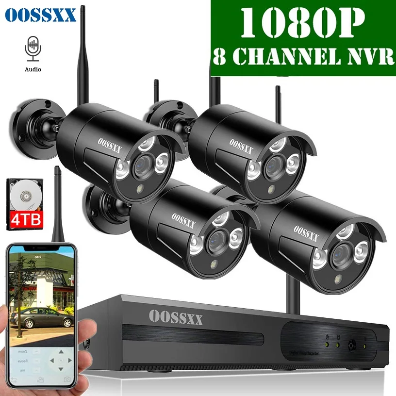 4 Black 1080P Camera Беспроводная система охранной камеры, комплект NVR 8CH 1080 P, 4 шт 1080P(2,0 м) Наружная аудио CCTV Беспроводная ip-камера видеонаблюдения-OOSSXX - Цвет: 4 Black 1080P Camera