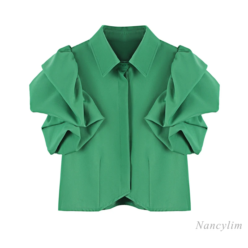 

Women's Short Puff Sleeve Shirt 2021 Summer New Korean Style Cropped Blouses Femme Fashion Blusas Tops Green Black White