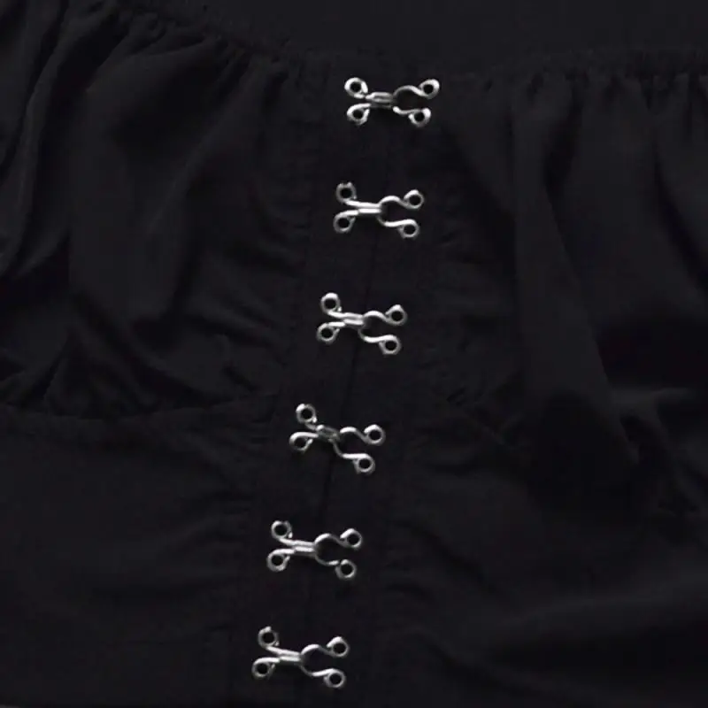 

Summer Puff Sleeve Square Neck Hook Button Black White Design Shorts T-Shirt