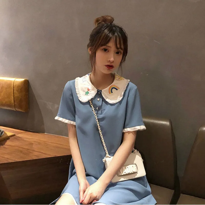 Модная футболка платье для женщин лето 2019 вышивка поло Прямая рубашка платья