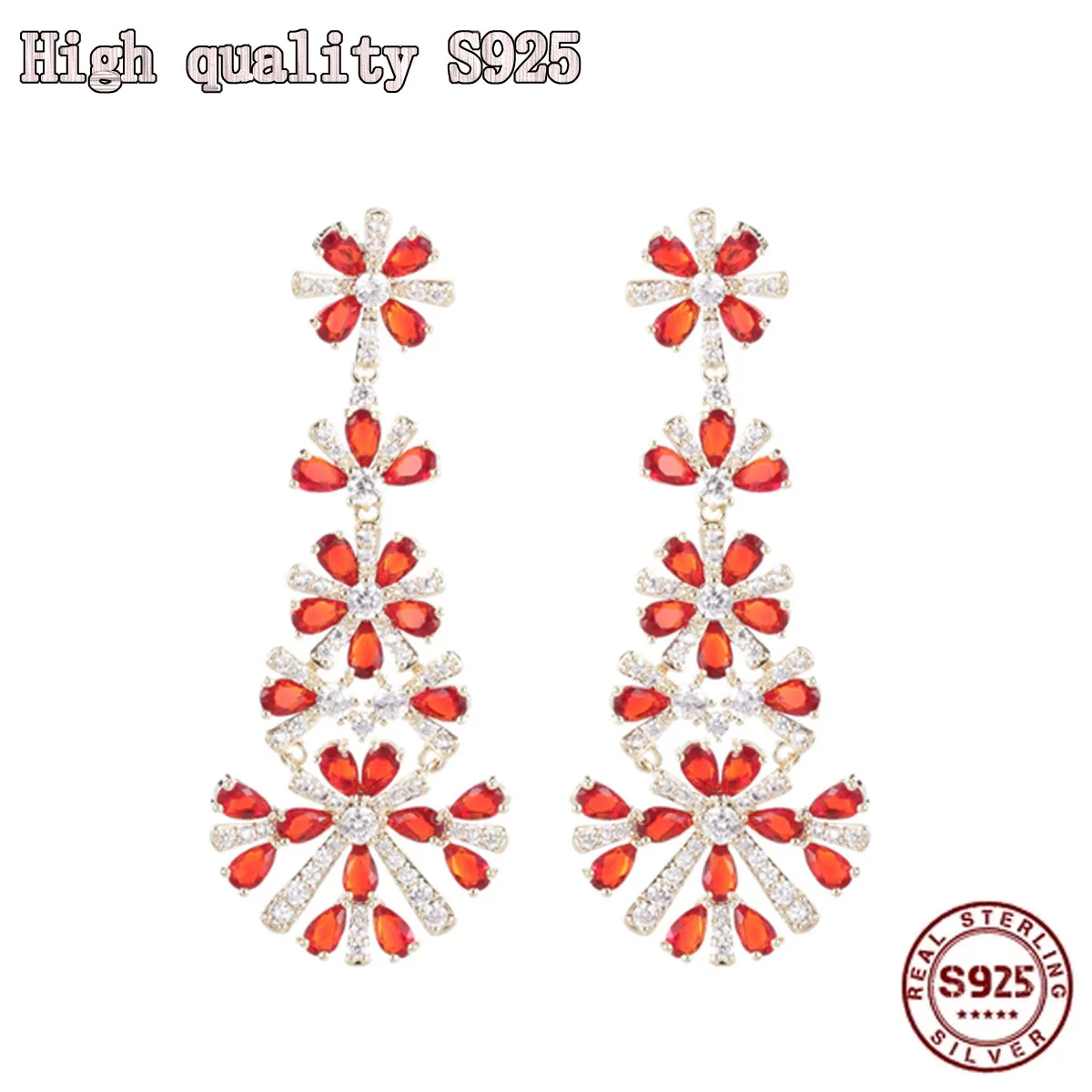 

High Quality High Sense Retro Earrings Garnet Red Snowflake Crystal Earrings S925 Silver Needle Long Flower Women's Earrings