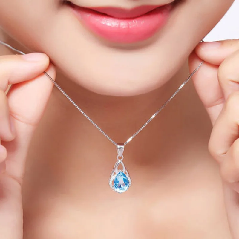 Женское ожерелье из серебра 925 пробы с голубым топазом и сапфиром|Подвески| |