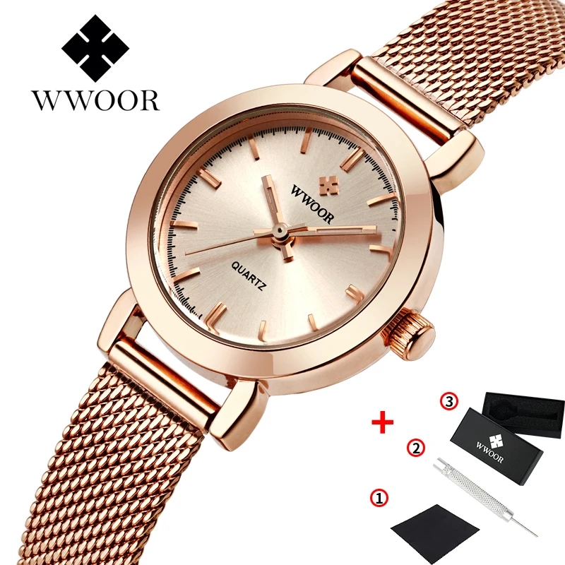 WWOOR Rose, модные женские часы, Роскошные, новые, часы для женщин, водонепроницаемые, женское платье, повседневные, сетчатый ремешок, кварцевые часы для женщин, подарки для женщин - Цвет: 8823Rose Gold