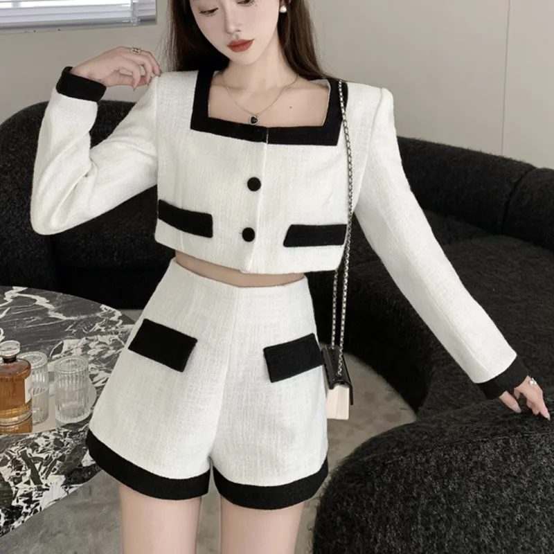 

High Quality Autumn Vintage Tweed 2 Piece Set Women Woolen Jacket Coat + Shorts Sets Small Fragrance Two Piece Pant Suits