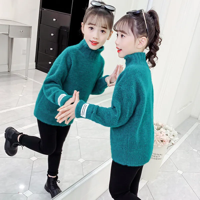 

Children Spring Autumn Solid Color Clothes Soft Warm Turtleneck Sweater Girls Knitted Tops Outfits Pullover Outerwear 4-13 Years