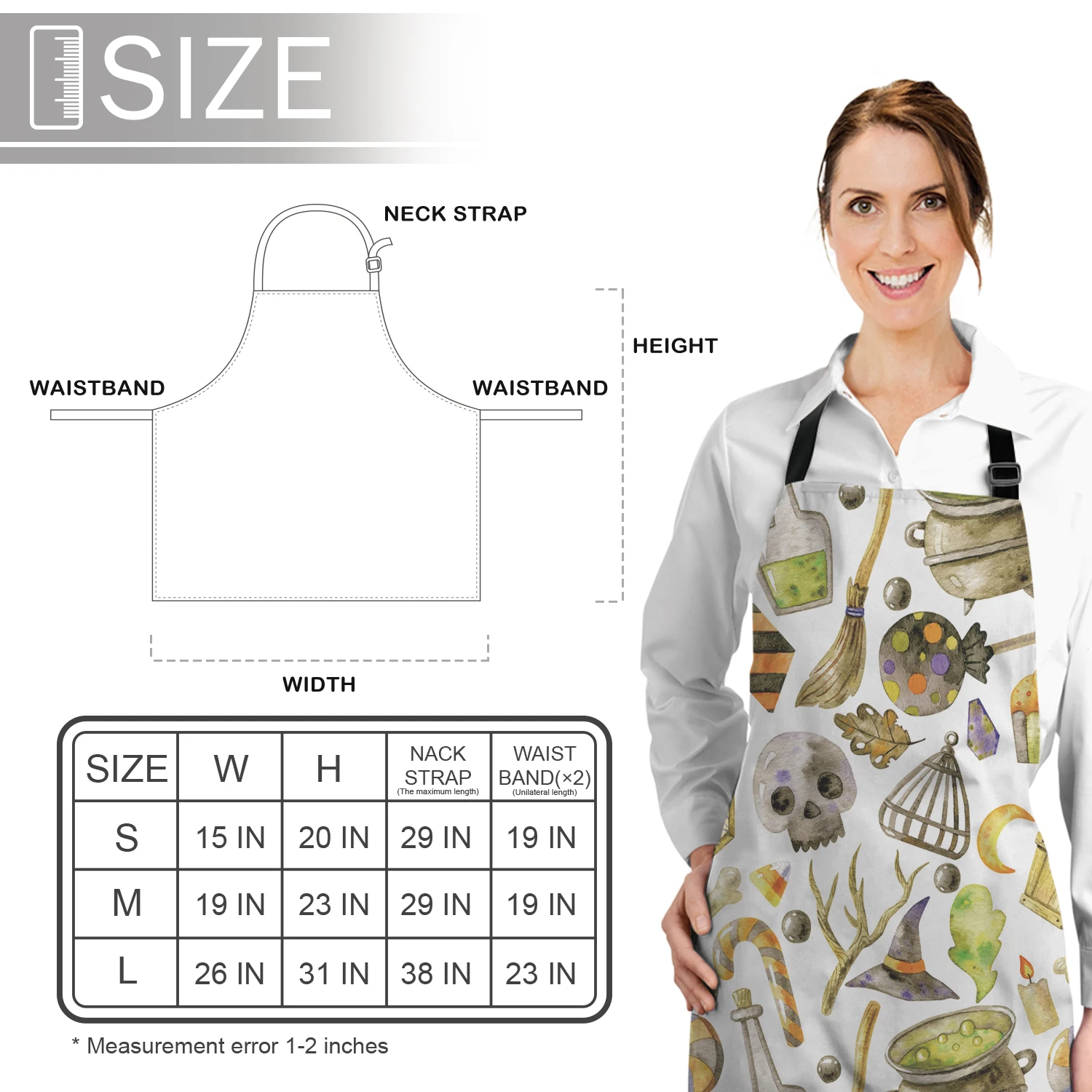 Halloween Theme Witch Hat Broomstick Skull Decorations Pattern Kitchen Apron Women Adult Female Home Cooking Baking Cleaning Aprons Bibs Tools |