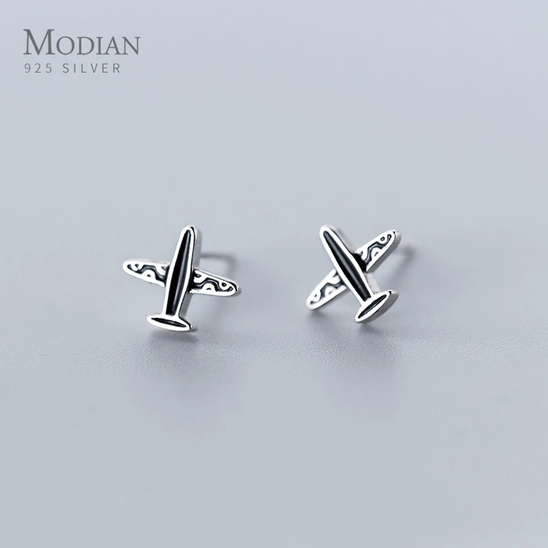 Серьги гвоздики женские в виде маленького самолета из серебра 925 пробы с черной