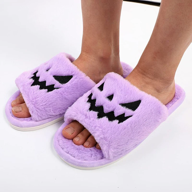 2021 new purple halloween fuzzy house slippers jack o lantern pumpkin shoes funny kawaii slippers for girls claquette femme free global shipping
