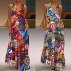 Платье ZANZEA женское льняное с винтажным принтом, длинный сарафан, повседневный вечервечерние, с V-образным вырезом, лето 2021