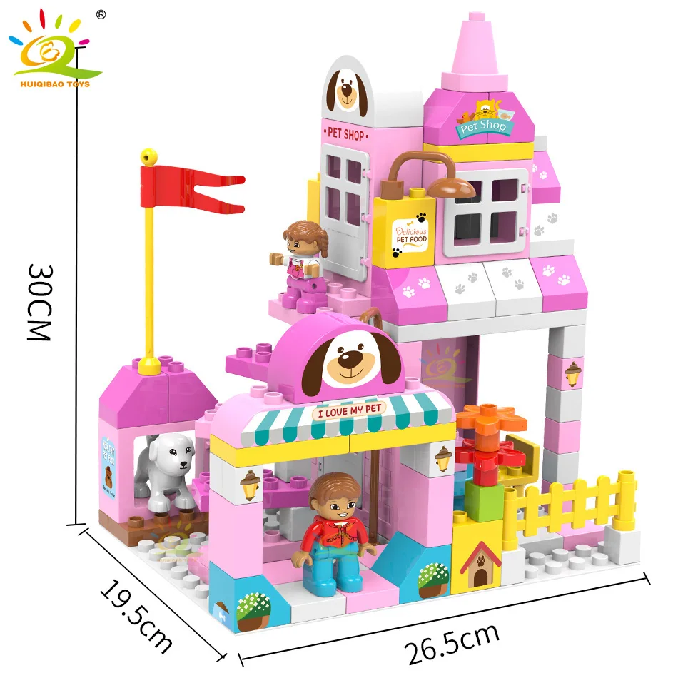 

Pet Store Friends Building Blocks HUIQIBAO 122PCS Duploed City Street View Architecture Girl Figures Big Bricks Toys Children