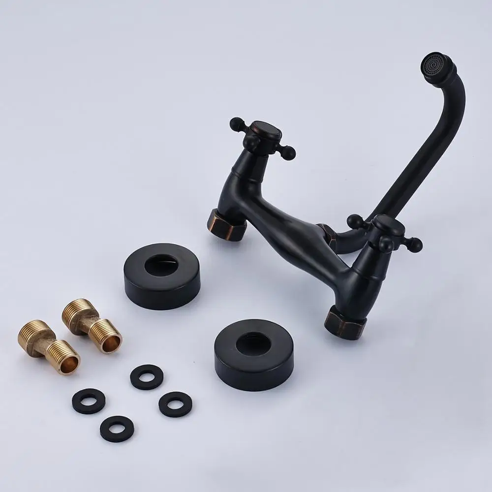 

Vidric Blackend Wall Mount Basin Faucets Dual Handles Mixer Tap Hot Cold Water Mixer Tap For Kitchen 360 Rotation Kitchen Mixer