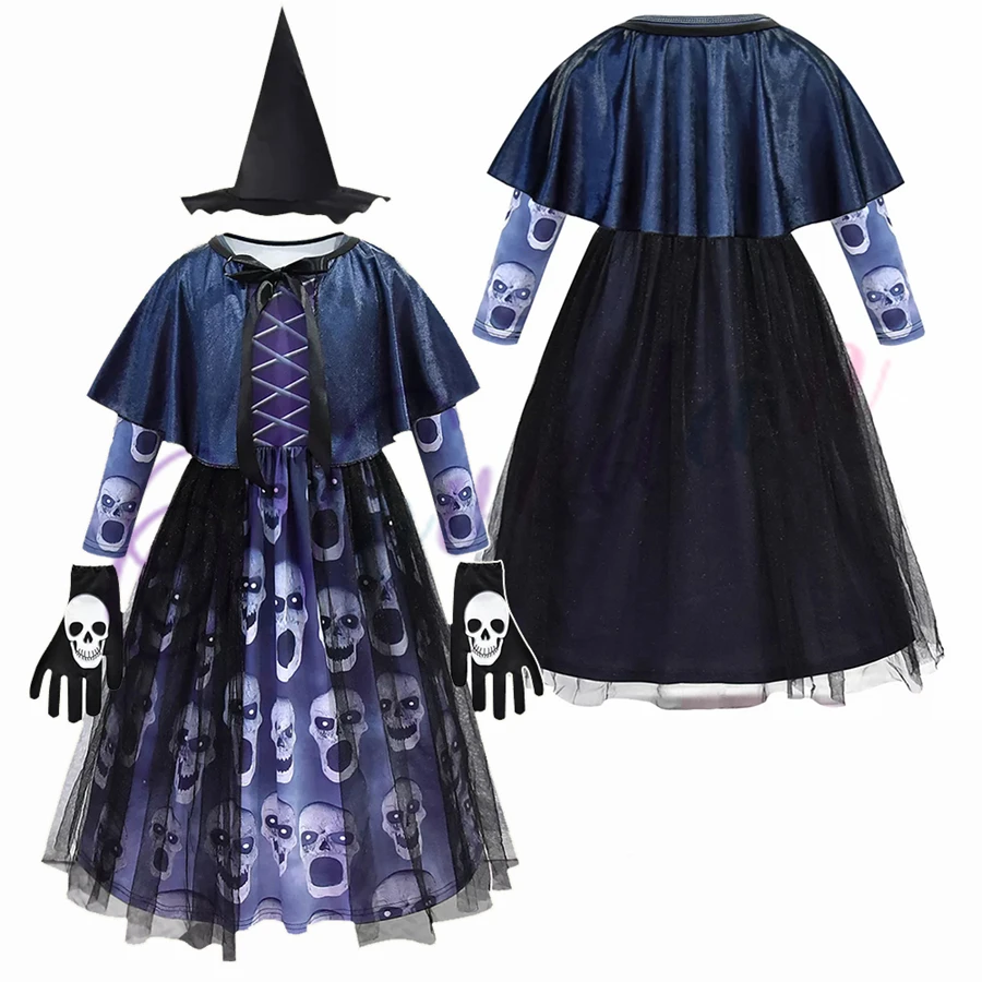 

Kids Halloween Witch Skull Dress For Girls Birthday Party Carnival Cosplay Costume Children Witch Devil Elf Vampire Ghost Horror