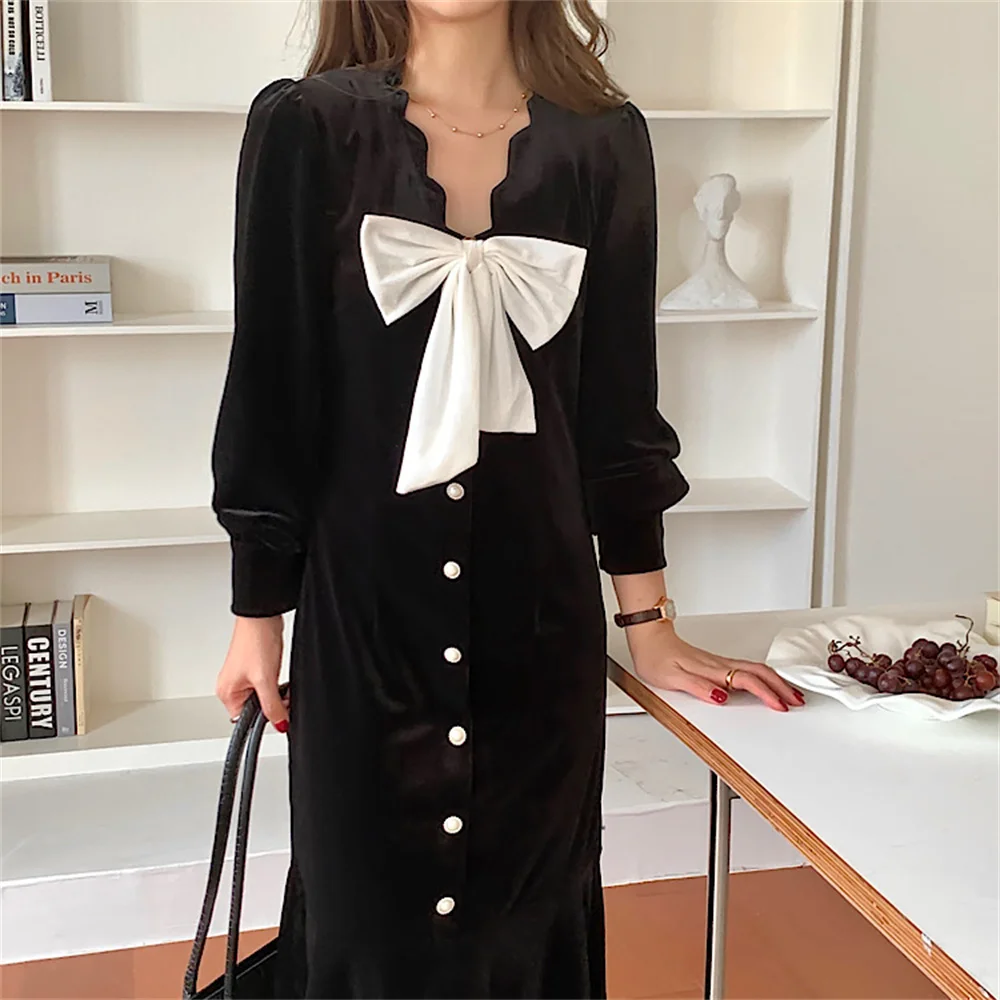 

대민민민black Bow Velvet Soft женское платье большого размера New 2021 Slim-Fit Mermaid Chic Elegant Femme OL Sexy Casual Vestidos