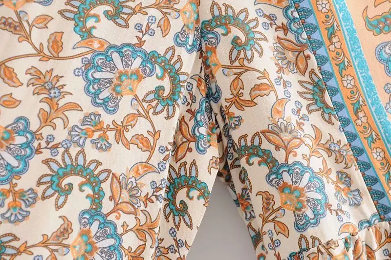 Boho Chic Женские топы, винтажные свободные блузки с цветочным принтом, женские пляжные рубашки с круглым вырезом и длинным рукавом, Blusas Mujer