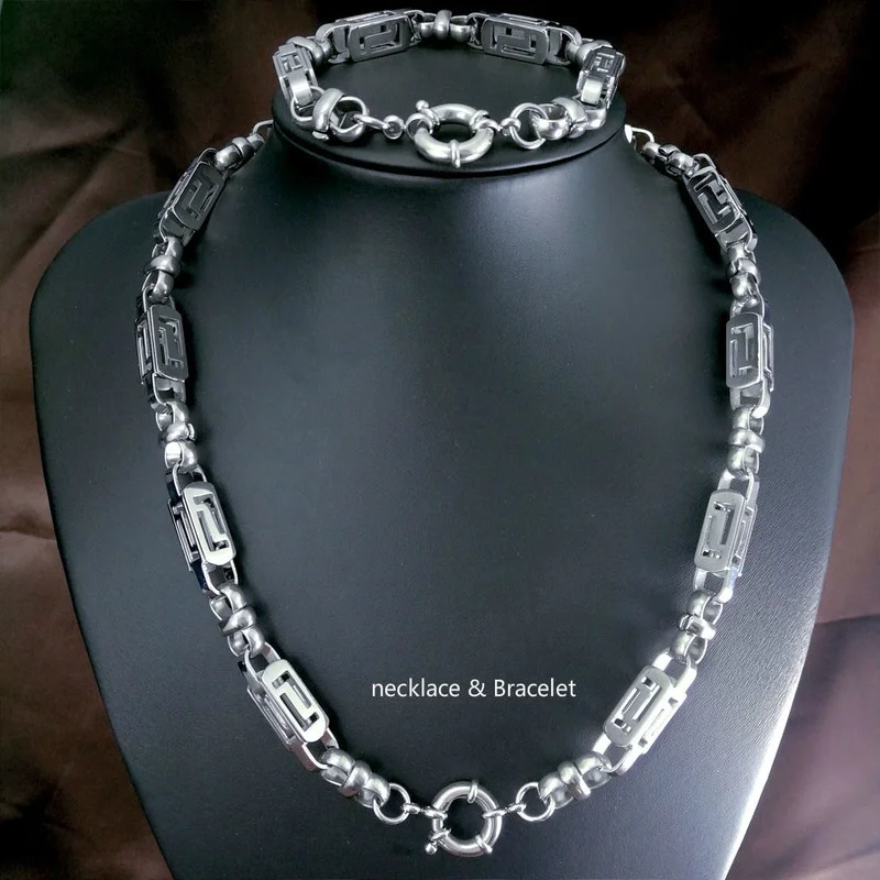 

8mm chain width Mens necklace & Bracelet 316L Stainless Steel silver tone N447B291