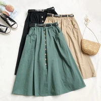 tigena casual cotton midi long skirt women 2021 autumn korean button pocket belt a line high waist mid length skirt female green