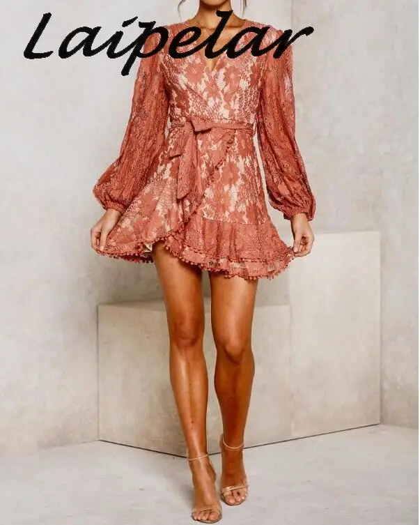 

Laipelar New 2019 Elegant White Lace Ruffle Dress Women Autumn Party Sashes Short Dress Female Casual Beach Dress Vestidos