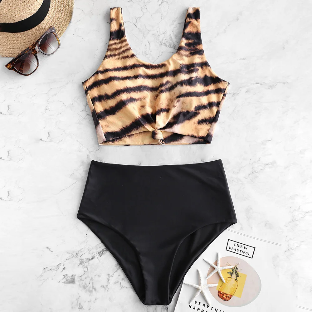 

ZAFUL Animal Print Knotted High Waisted Tankini Set Scoop Neck Swimsuit Leopard Print Two Pieces Swimwears Bathing Suit 2020
